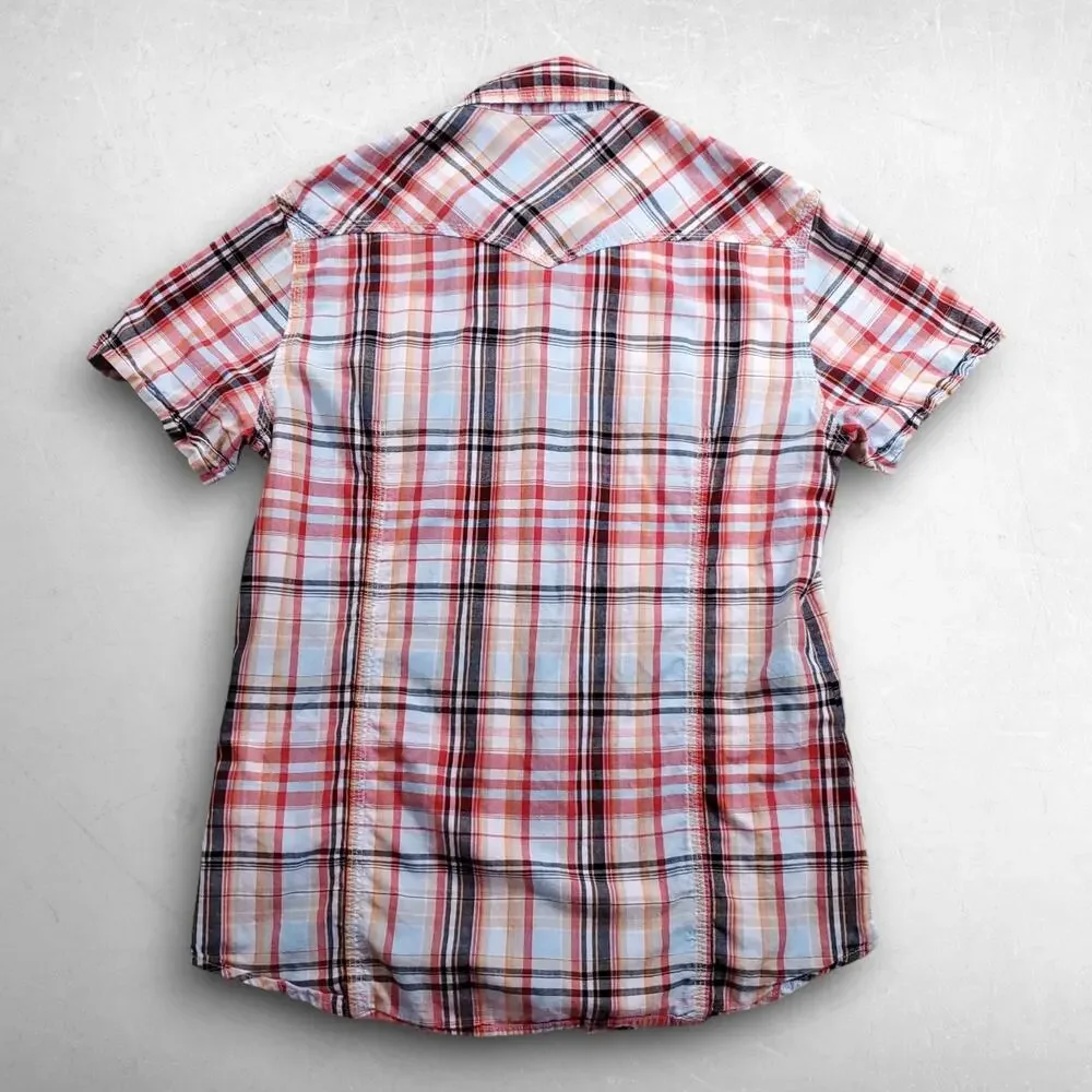 True Religion Rocky Western Shirt Men M Plaid Pearl Snaps Short Sleeve Cowboy